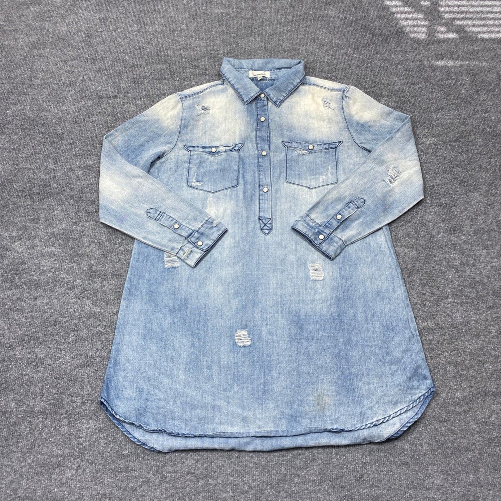 Littlesmill Shirt Dress Women Small Light Blue Distressed Denim Long Sleeve